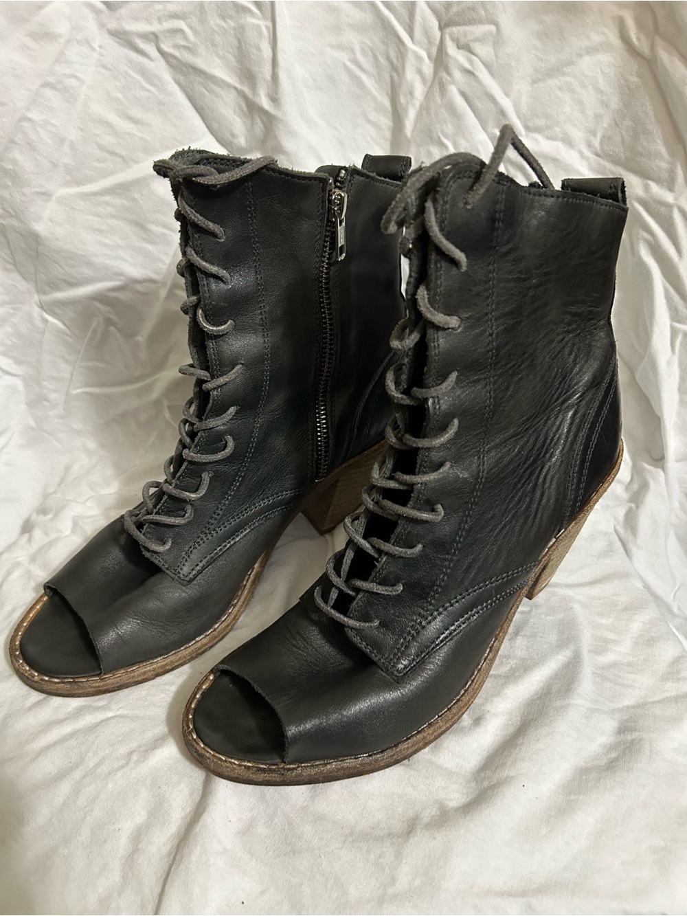 AllSaints Black Leather Peep-Toe Lace-Up Ankle Booties
